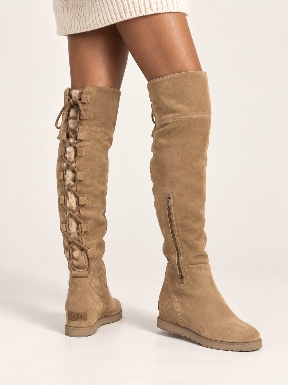UGG Over-the-Knee Suede Lace-Up Boots in Chestnut Tan